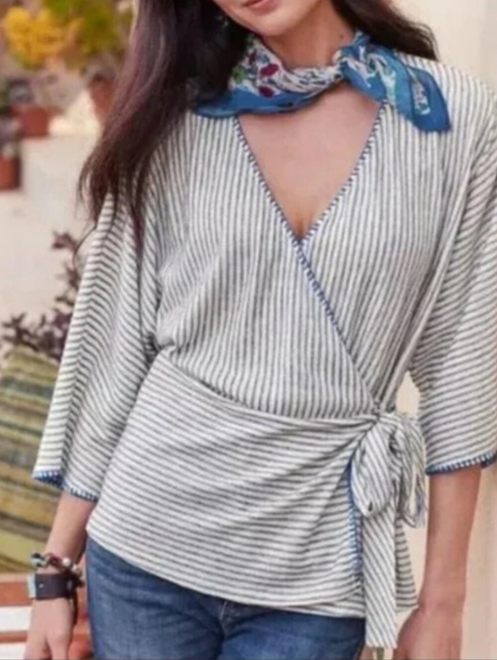 Sundance Freya Yarn Dyed Linen Blend Faux Wrap Striped Whipstitch Blouse - Picture 2 of 8